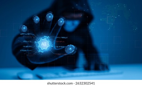 Cyber, Fraud, Secure, Threat, Ai, Hacker, Attack, Ransomware, Futuristic Ai Digital Security Blue Hued Access Grid With Hackers Authentication Design Data Intelligence