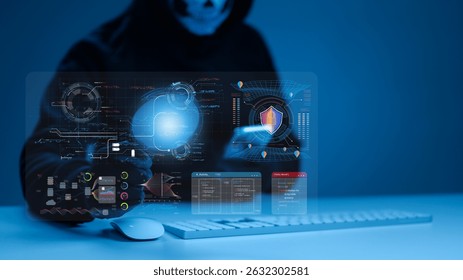 Cyber, Fraud, Secure, Threat, Ai, Hacker, Attack, Ransomware, Cyber Threat Hooded Hackers Digital Data Protection Blueprint On Blue Cyber Interface
