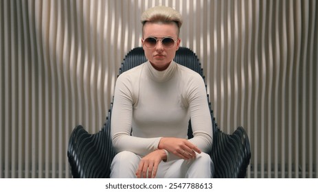 Cyber gamer girl wearing glasses in neon futuristic space cyberpunk fashion gaming virtual reality metaverse. Confident woman Caucasian businesswoman female lady wear sunglasses stylish eyewear trend - Powered by Shutterstock