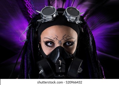 Cyber Gothic girl with rays of light in a dark background