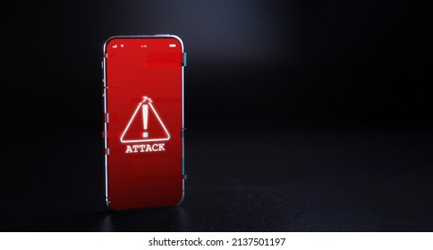 Cyber Hacker Attack Smartphone. Internet Web Hack Technology. Digital Mobile Phone Isolated On Black. Information Security Terms Cybersecurity Banner