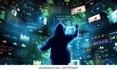 Cyber hacker controlling interactive data streams on massive curved digital screens. Concept of hacking intelligence, cyber surveillance, global cybersecurity, innovation. Collage with 4 models