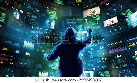 Cyber hacker controlling interactive data streams on massive curved digital screens. Concept of hacking intelligence, cyber surveillance, global cybersecurity, innovation. Collage with 4 models