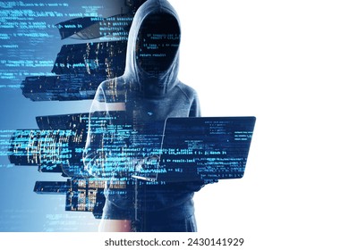 A cyber hacker is presented with lines of code, encapsulating themes of cybersecurity, anonymity, and digital age threats
