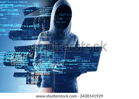 A cyber hacker is presented with lines of code, encapsulating themes of cybersecurity, anonymity, and digital age threats
