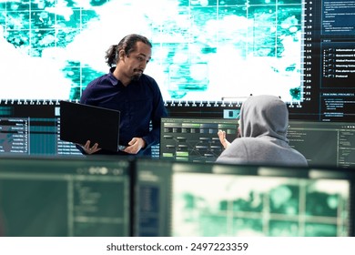 Cyber intelligence team using advanced technology to secure computer networks, governmental espionage system. Emphasizing cyber security and threat detection to combat cyberterrorism.