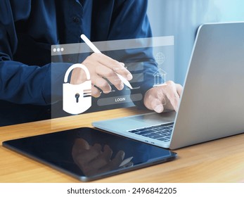 Cyber ​​security and internet data protection Using internet connection security encryption to protect business and financial data. Digital representation of padlock icon.