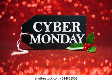 Cyber Monday Sale Tag On Red Glitter Background