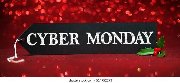 Cyber Monday Sale Tag On Red Glitter Background