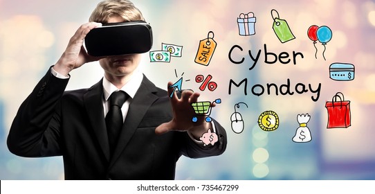 Cyber Monday text with businessman using a virtual reality headset - Powered by Shutterstock