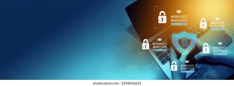 Cyber, personal data, privacy and information security. Internet networking  protection security system concept. Padlock fingerprint icon on tech code background. Banner. Copy space.