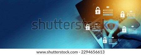 Cyber, personal data, privacy and information security. Internet networking  protection security system concept. Padlock fingerprint icon on tech code background. Banner. Copy space.