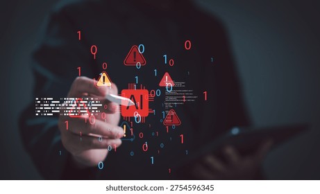 Cyber professionals study Hacker behavior, Attack patterns, and Threats involving Ransomware and Digital systems. Ai can support Fraud and Phishing detection, while Firewall protection safeguards Information, Connection, Login, Network, and Malicious activity. Hacker, Threat, Login. technology background