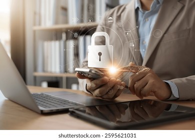 Cyber ​​Security Protecting sensitive business information, Businessman using laptops and tablets Smart security software, Protecting financial data, Global network protection.