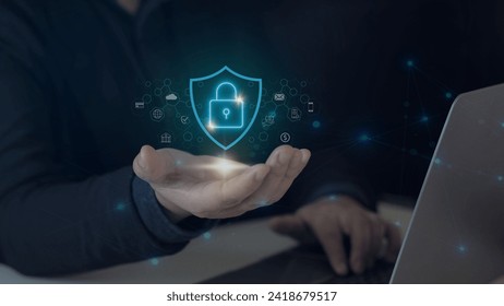 Cyber Protection Data Security Internet Privacy, Internet and technology concept on virtual screen. Man touching on lock icon.