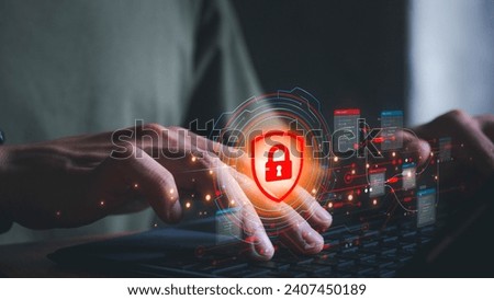 Cyber Protection Data Security Internet Privacy, Internet and technology concept on virtual screen. Man touching on lock icon. secure internet access Future technology and cybernetics.