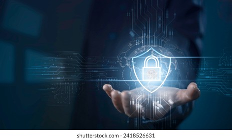 Cyber secure and data digital security concept. Protection data lock shield internet network privacy technology icon. Cybersecurity business information access defense.