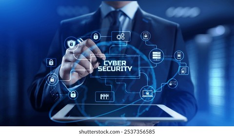 Cyber security access control data protection personal information privacy concept. Businessman pressing button on screen.