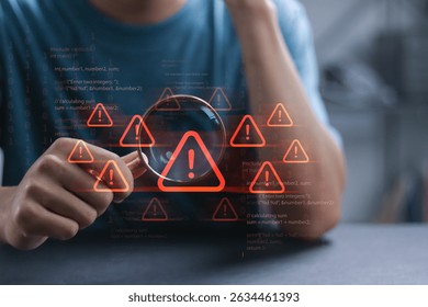 Cyber ​​attack and security alerts concept, Network failure dangerous, Caution of spam in website digital technology. Person using magnifying glass focus to error 404 alerts on virtual screen.