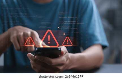 Cyber ​​attack and security alerts concept, Network failure dangers. Person using smartphone with error 404 alerts on virtual screen. Caution of spam in website digital technology.