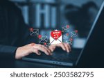 Cyber security awareness concept. Suspect emails alert on virtual screen, e-mail inbox with spam virus message caution sign for threat harmful notification, Trash junk mail, Spam mail pop-up warning.