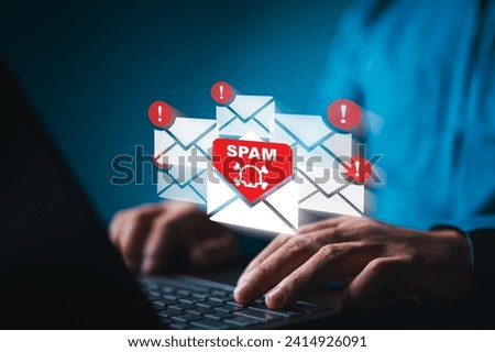 Cyber security awareness, suspect emails alert on virtual screen, e-mail inbox with spam virus message caution sign for threat notification. Harmful, Trash and junk mail, Spam mail pop-up warning.
