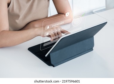 Cyber Security With Biometrics Authentication Technology Concept. Safety Shield With Finger Scan Icon On Log In Page Virtual On Tablet Computer Screen For Validate Password, Identity Verification. 