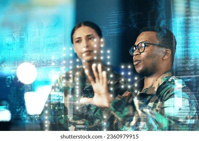 Cyber security, board and people in the army for planning with overlay and global surveillance. Talking, night and a black man with a woman for digital information and a virtual military system - Powered by Shutterstock