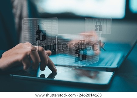 Cyber security, Business, technology, internet network, software development, digital data protection concept. Businessman working on laptop computer in office with pop up antivirus system