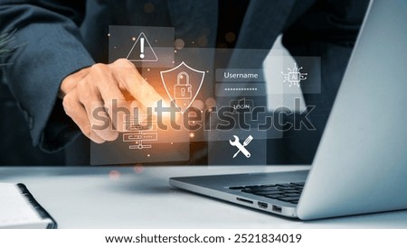 Cyber security, Business, technology, internet network, software development, digital data protection concept. Businessman working on laptop computer in office with pop up antivirus system