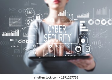 Cyber Security With Business Woman Using A Tablet Computer