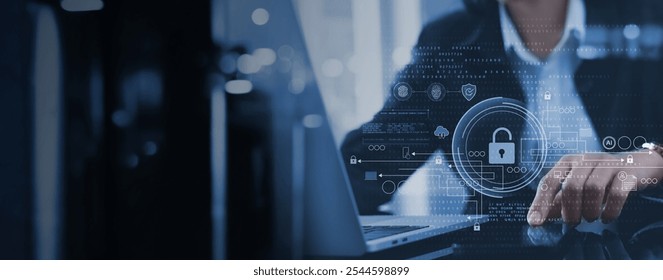 Cyber security, businessman secures data with data encryption and network security, protecting transactions. Cybersecurity for online business, data privacy, and defense against cyber attacks - Powered by Shutterstock - Get 15% off with code: PIKWIZARD15