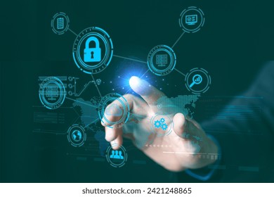 Cyber security, Businessperson pointing to the Cybersecurity icon and a digital key in the image, emphasizing online security. Soft hands assure trust and safety in your online business endeavors.