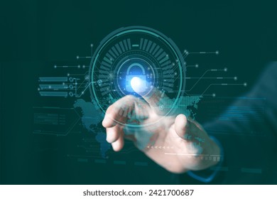 Cyber security, The Businessperson pointing to the Cybersecurity icon and a digital key in the image, emphasizing online security. Soft hands assure trust and safety in your online business endeavors.