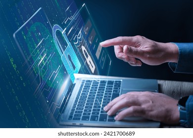 Cyber security, The Businessperson pointing to the Cybersecurity icon and a digital key in the image, emphasizing online security. Soft hands assure trust and safety in your online business endeavors. - Powered by Shutterstock