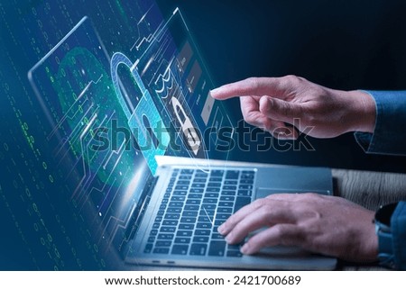 Cyber security, The Businessperson pointing to the Cybersecurity icon and a digital key in the image, emphasizing online security. Soft hands assure trust and safety in your online business endeavors.