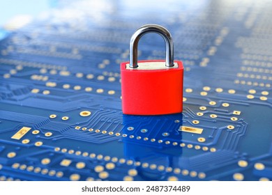 Cyber security concept background - red padlock on blue computer motherboard circuit board background - Powered by Shutterstock - Get 15% off with code: PIKWIZARD15