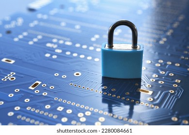 Cyber security concept blue background - padlock on blue computer motherboard circuit board 