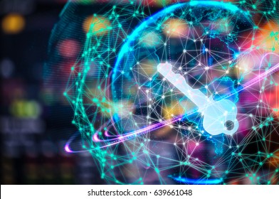 Cyber security concept businessman Lock on digital screen, contrast, virtual screen with a consultant doing presentation in the background Closed Padlock on digital, cyber security, key