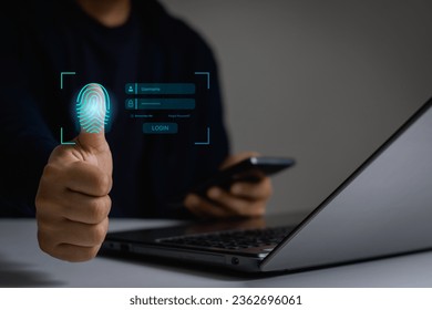 Cyber security concept. Businessman login with fingerprint scanning technology. fingerprint to identify personal. Fingerprint scan provides security access with biometrics identification.