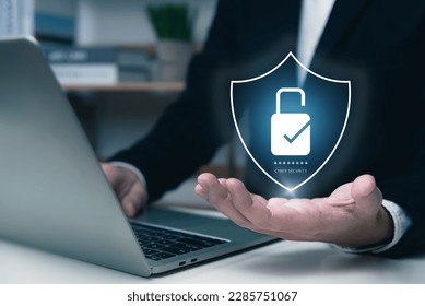 Cyber security concept, businessman showing security icons connecting to application ecosystem, protection from hacker, crime, identification and authentication, checkmark, padlock, AI tech.