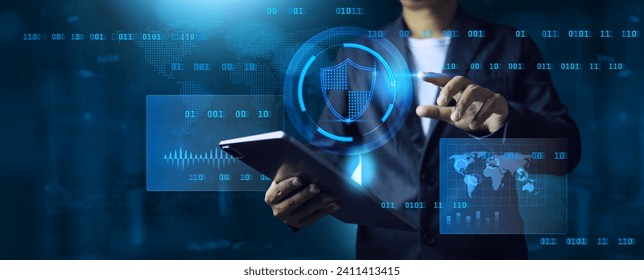 Cyber security concept with businessman touch on shield on tablet screen to encryption data access represent to protect data information technology from cyber crime and data breach