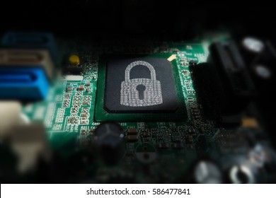 Cyber Security Concept: Close-up of electronic circuit board with Binary Padlock