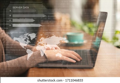 Cyber Security Concept. Closeup of female hands using laptop, hacking database server, binary code and world background