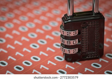 Cyber security concept with combination padlock on red binary code background. - Powered by Shutterstock - Get 15% off with code: PIKWIZARD15
