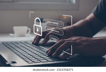 cyber security concept, data protection and secured internet access, user typing login and password, cybersecurity.