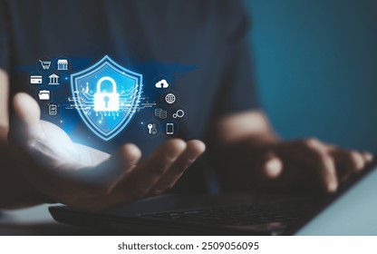 cyber security concept. Global network security technology protects business people personal information. Encryption with a padlock icon on the virtual interface. Cybersecurity or cybercrime threats.