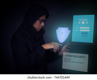 Cyber security concept hacker and mobile phone,Shield and application display protection from theft, risk or damage to hardware, software, data or information, system privacy