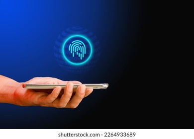 Cyber security concept. Hand hold smartphone with  electronic fingerprint with the binary number and earth on futuristic technology abstract background. Digital protection.  