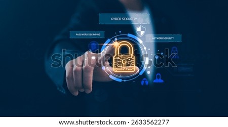 Cyber security concept. Hand pointing at a digital padlock with network security and password decrypting text, representing data protection, online safety, and advanced technology for secure systems.